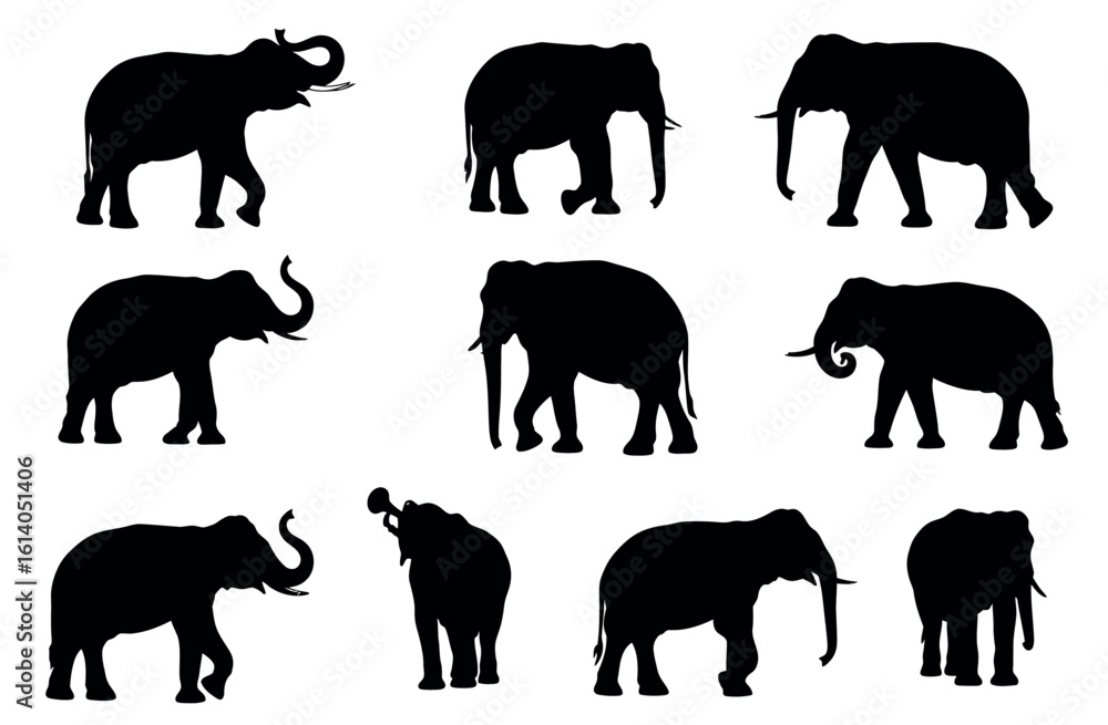 Fototapeta premium A collection of nine silhouette images of elephants in various poses, including walking, standing, and raising their trunks.