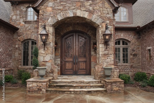 Elegant Arched Portal  Upscale Stone Entrance to a Contemporary Dream Home