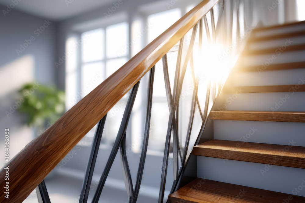 Obraz premium Sunlit Modern Staircase with Wooden Handrail and Geometric Metal Railing