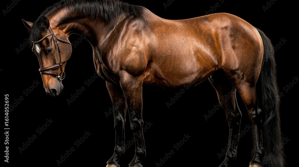 Obraz premium A majestic brown horse with a black mane and tail stands gracefully against a dark background.