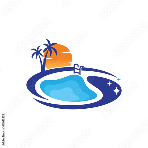Sunset swimming pool abstract logo design template