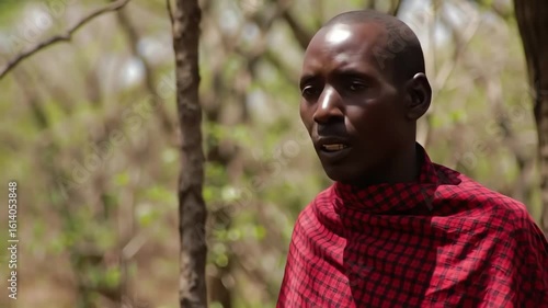 A close up portrait of a Maasai man wearing a traditional red shuka and talking in a sunlit forest