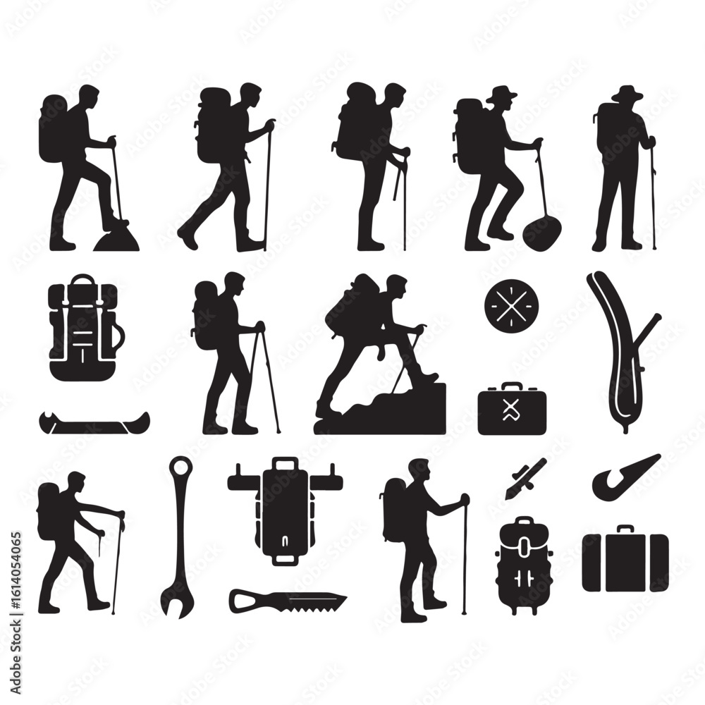 Obraz premium Minimal Hiking Man & Outdoor Gear Vector Set