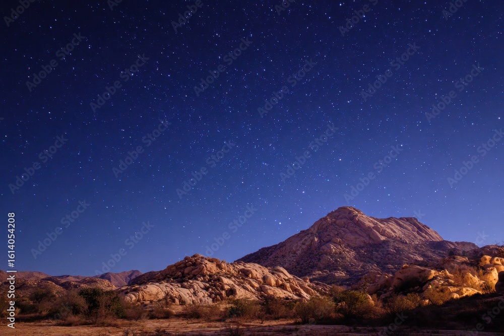 Obraz premium Celestial Desert Nightscape: A Starscape Above Majestic Mountains and Rocky Terrain