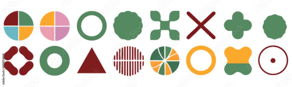 Obraz premium A collection of colorful geometric shapes arranged in two rows, various designs.