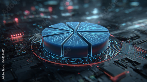 A blue pie chart divided into segments sits on a glowing circuit board, representing data and analytics