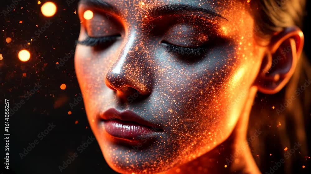 Close-up of a woman's face with fiery skin texture. Close-up of a woman's face with fiery skin texture.