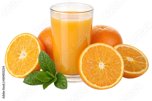 Refreshing glass of vibrant orange juice surrounded by juicy oranges and fresh mint leaves, perfect for health and wellness content.
