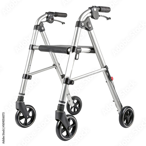 A silver walker with a seat isolated on transparent background
