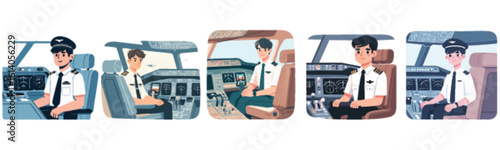 Four pilots seated in airplane cockpits, ready for flight.