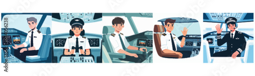 Four pilots in a cockpit, two men and two women, seated at the controls of an airplane, ready for takeoff or flight.