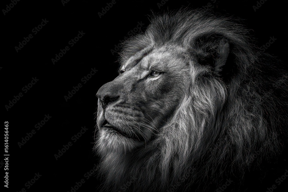 Fototapeta premium Majestic Black and White Lion Portrait Capturing the Essence of the King of the Jungle