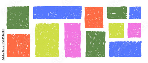 Colorful square and rectangle text boxes with rough crayon texture. Cute funky rectangles with texture.