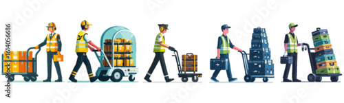 Workers transport goods using various carts and hand trucks in a warehouse or logistics setting.