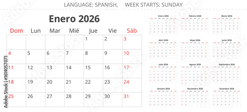 2026 Spanish calendar planner. A collection of vector illustrations for each month in year. Spain
