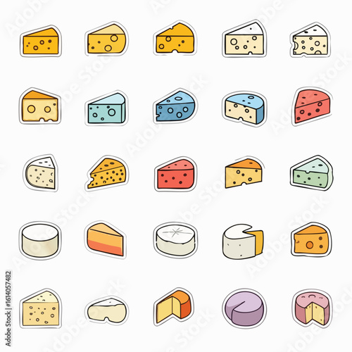Colorful Cheese Variety Cartoon Icons Set.