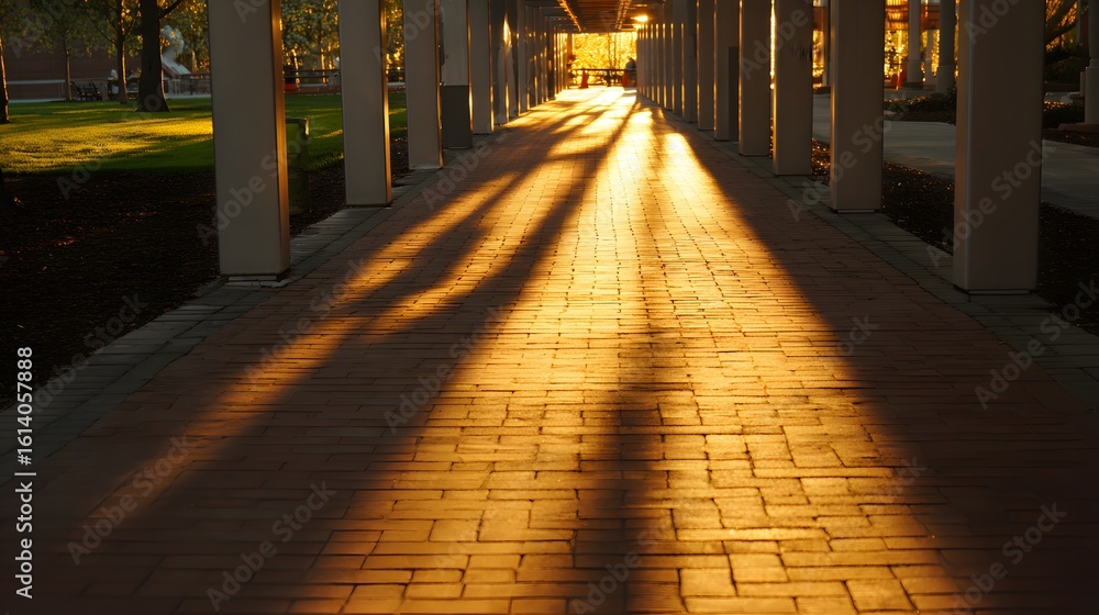 Fototapeta premium Sunlight streams through a covered walkway, casting long shadows on the brick path.