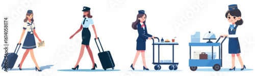 Four female flight attendants in uniform,  performing various airport tasks.