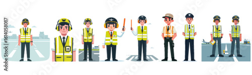 Airport ground crew members in various poses and uniforms on a runway.