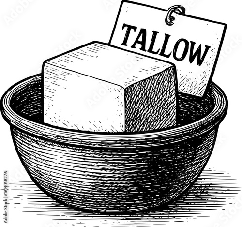 Vintage Engraving of Tallow Block in Wooden Bowl with Label
