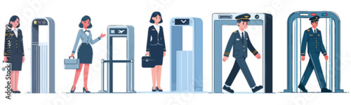 Airport security personnel and passengers navigating through various checkpoints, including metal detectors and body scanners.