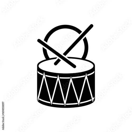 Black drum icon with crossed sticks and circular background  