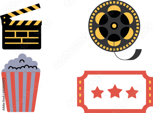 Movie night vector illustration with film reel ticket popcorn and clapperboard