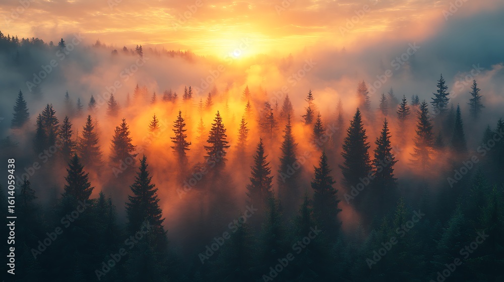 Obraz premium Sunrise through misty forest
