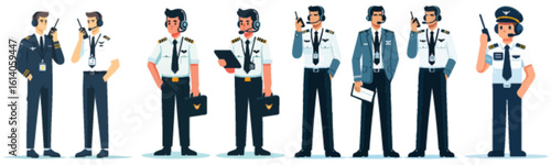 A group of pilots in various poses, some holding radios, briefcases, or clipboards.