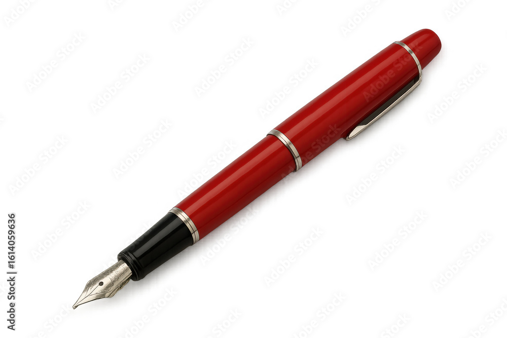 Elegant red fountain pen lying diagonally on a transparent background, ready for writing or signing Elegant red fountain pen lying diagonally on a transparent background, ready for writing or signing