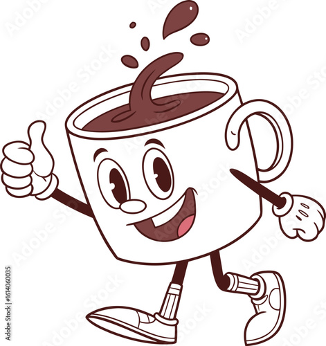 Happy cartoon coffee mug character with a big smile and thumbs up gesture walking and spilling hot beverage