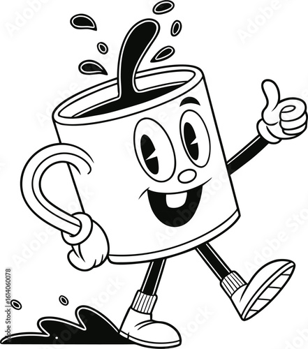 Retro cartoon character coffee mug with a happy face and a thumbs up gesture spilling coffee while walking
