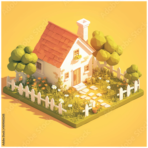 Isometric low poly vector illustration of a charming cottage with a garden. 3D rendering of a cozy suburban house on a sunny day.