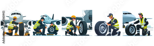 Airplane maintenance crew diligently servicing aircraft tires and performing essential checks.