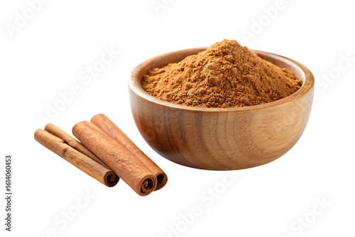 Warm cinnamon sticks and fragrant powder in a wooden bowl, perfect for baking, cooking, and seasonal recipes