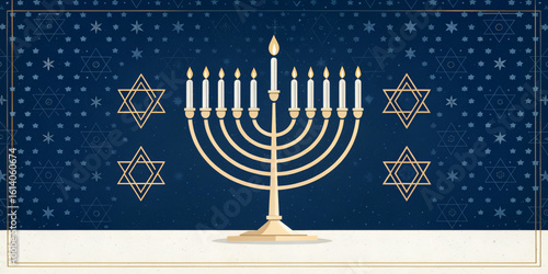 Minimalist Hanukkah Card with Menorah and Blue Star of David Background

