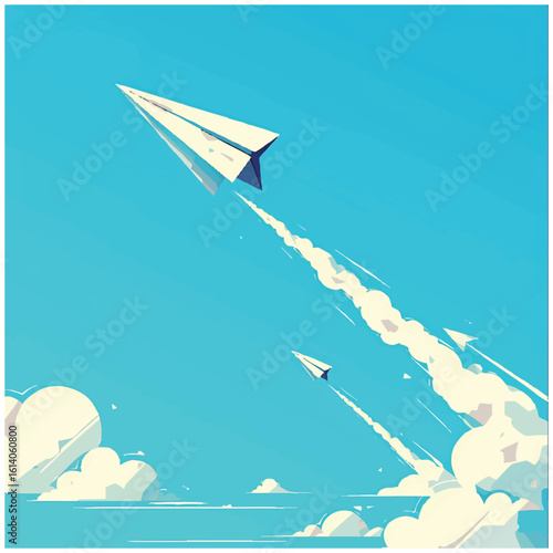 Vector illustration of a paper airplane launching into a clear blue sky with a dynamic trail. Symbolizing innovation, progress, and the ascent towards ambitious goals and future success.