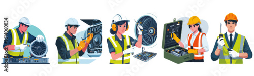 Diverse team of technicians working on various machinery and equipment.