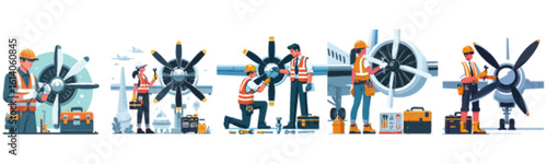 Multiple technicians working on airplane propellers, performing maintenance and repairs.