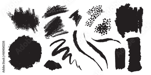Black ink style splash, blobs and stains textures made with paint. Grunge dirty shapes as design elements. Vector graphic resources.