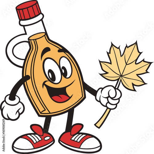A cheerful cartoon bottle of maple syrup with a friendly face and a red cap holding a golden maple leaf in its hand