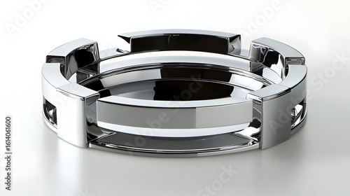 Sleek, chrome ashtray with a circular, segmented design.  Interior is a smooth, reflective surface.  Modern and geometric