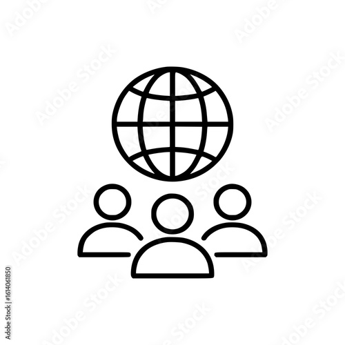 Global Business and Employees Icon Linear Style with Globe and People, Editable Stroke Vector