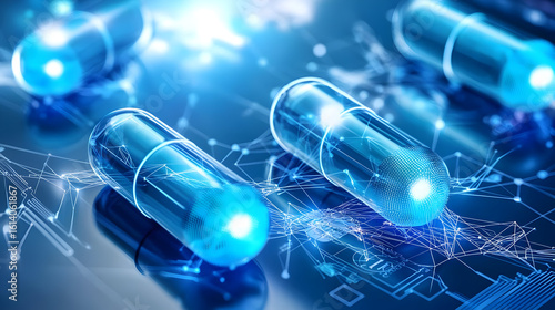 High-tech medical capsules, glowing blue,  with intricate digital network