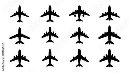 Twelve Black Airplane Silhouettes: A Versatile Set of Air Travel Icons for Design Projects