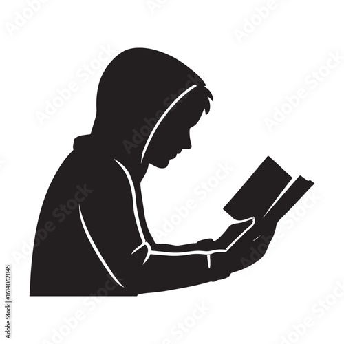 Silhouette of Teenager Reading Book in Hoodie Vector Illustration


