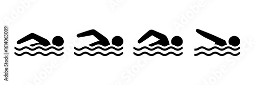 Four Monochrome Line Art Icons: Diverse Swimmers in Action – Perfect for Fitness, Wellness, and Aquatic Websites
