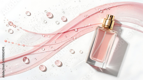 Elegant perfume bottle with flowing pink ribbon and water droplets