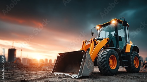 Wallpaper Mural Orange bulldozer at sunset over city construction site Torontodigital.ca