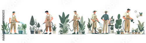 Gardener watering plants in various pots, a serene scene of horticulture.